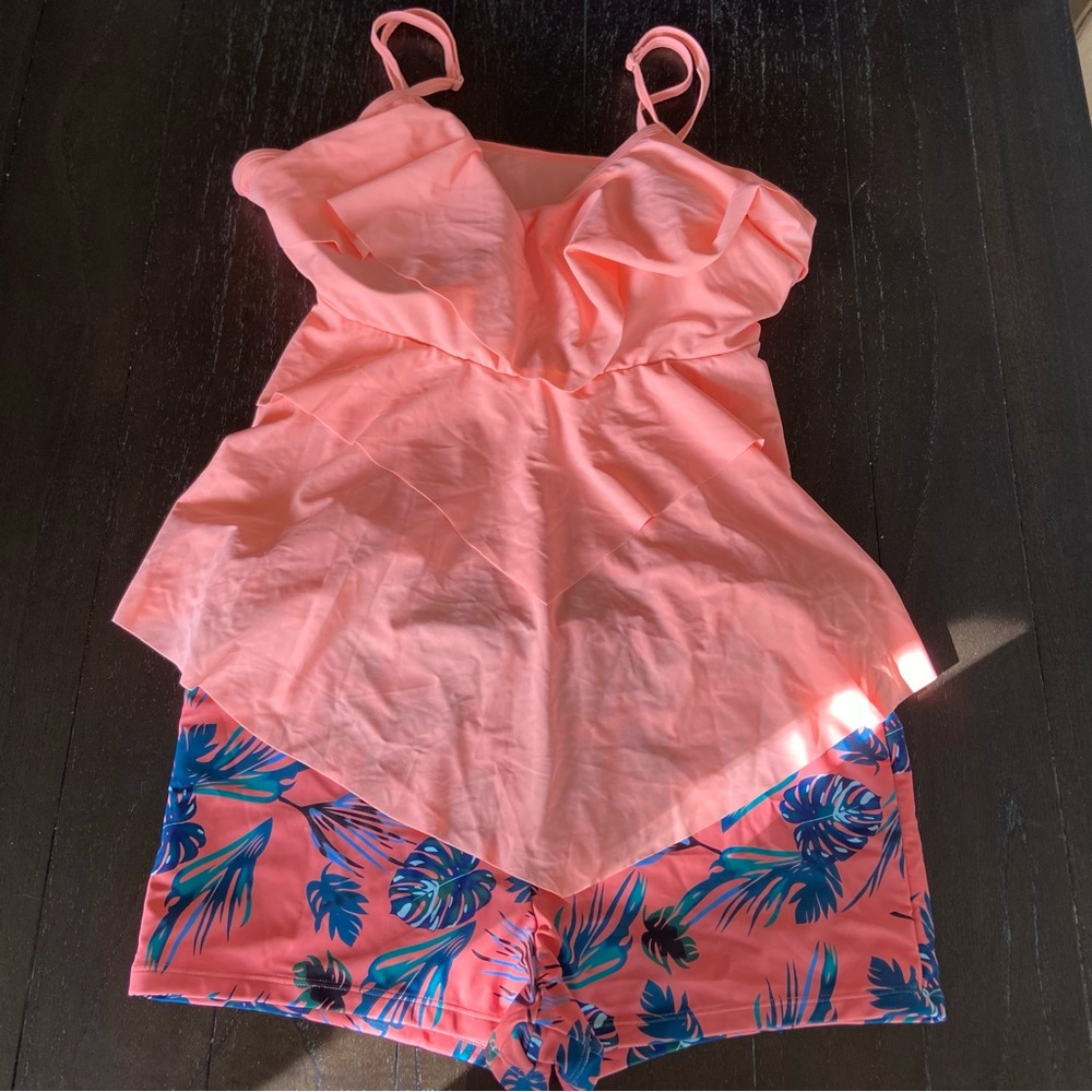 Women’s Two Piece Tankini Coral Tropical Boy Shorts Ruffle NWOT Plus Size 4XL - Picture 3 of 13